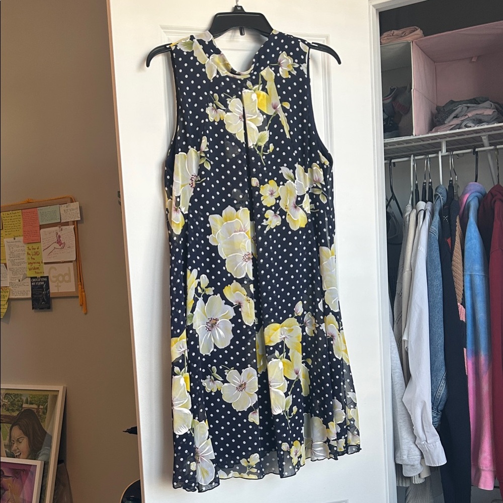 Robbie Bee Sleeveless Dot Floral Print Mock Neck A-Line Chiffon Dress